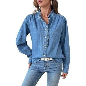 Sidefeel Womens Denim Shirt Button Down Long Sleeve Ruffled Edge Jean Blouses